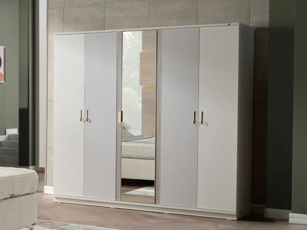 ALYA 5 KAPAKLI DOLAP SEDEF KREM/GOCCE TEKSTİL DESEN