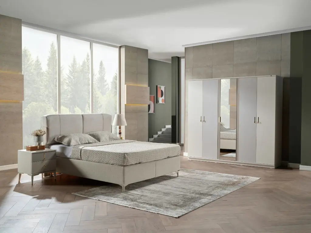 ALYA 5 KAPAKLI DOLAP SEDEF KREM/GOCCE TEKSTİL DESEN