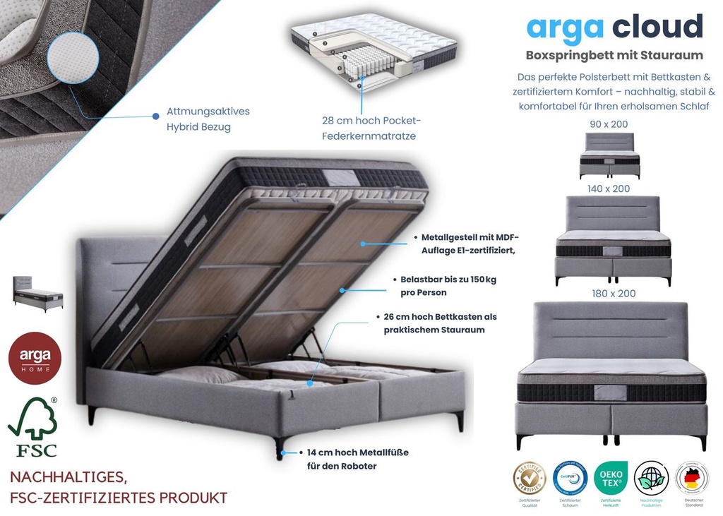 A-CLOUD Boxsprinbgett mit Stauraum , GRAU , 160x200
